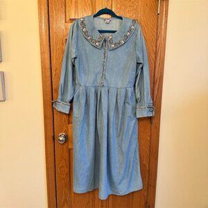 FADS Vintage Blue Denim Embroidered Collar Long Sleeve Midi Dress 14